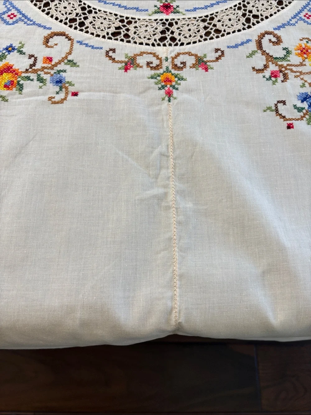 Vintage Large Embroidered & Crochet Floral Tablecloth White, Pink & Multicolor